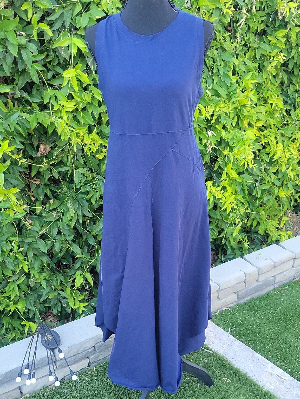 Sleeveless Navy Blue A-Line Raw Handkerchief Hem Jersey Tank Dress M